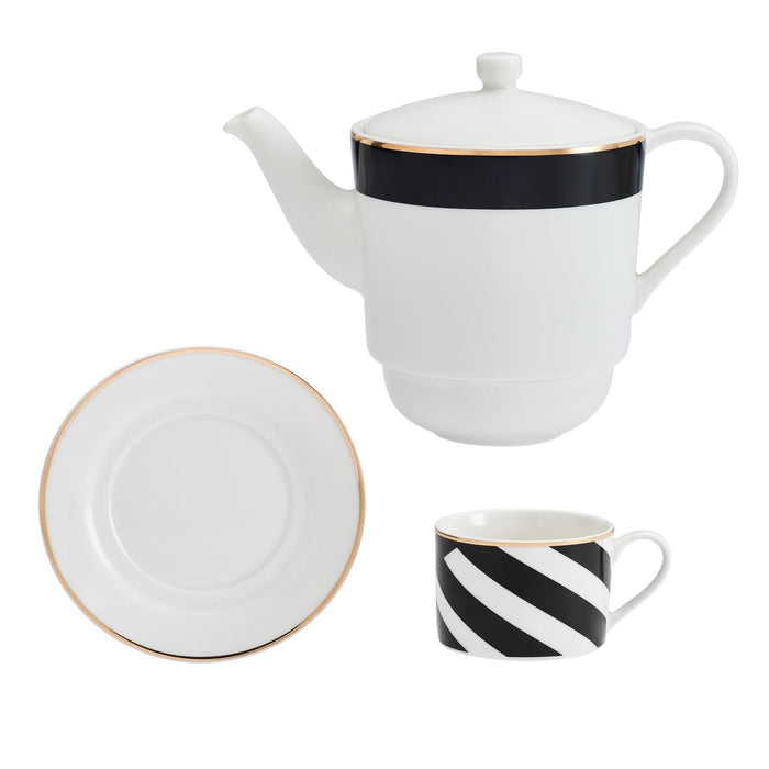 MIKASA LUXE DECO TĒJAS KOMPL.1 PERS. TĒJKANNA 500ML, TASE 250ML AR APAKŠTASI, BALTS/MELNS, PORCELĀNS
