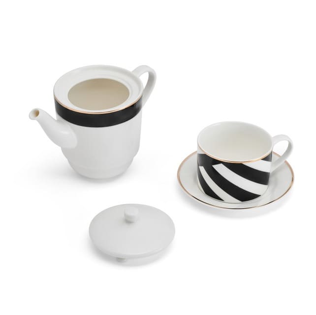 MIKASA LUXE DECO TĒJAS KOMPL.1 PERS. TĒJKANNA 500ML, TASE 250ML AR APAKŠTASI, BALTS/MELNS, PORCELĀNS