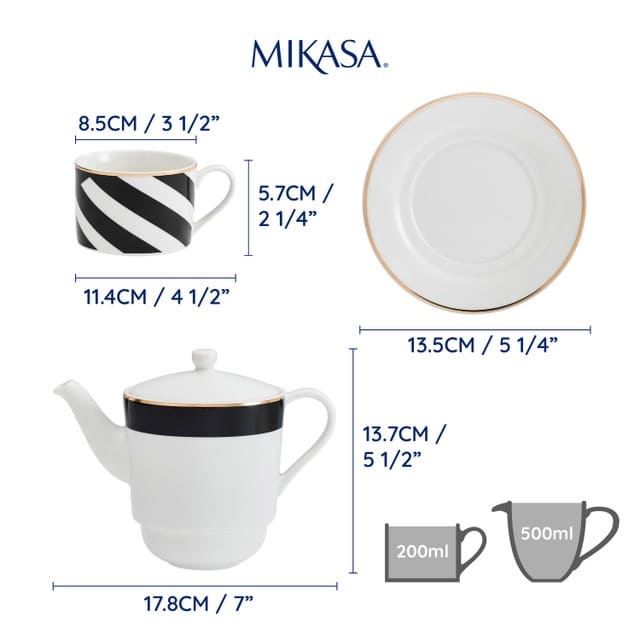 MIKASA LUXE DECO TĒJAS KOMPL.1 PERS. TĒJKANNA 500ML, TASE 250ML AR APAKŠTASI, BALTS/MELNS, PORCELĀNS