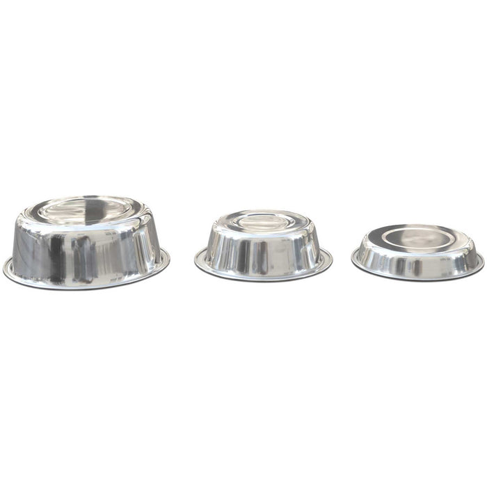 Three PetFusion Premium 304 food-grade stainless steel pet bowls, each dishwasher-safe and of different sizes, are shown upside down in a row on a white background. Their shiny surfaces reflect the smooth, metallic finish.