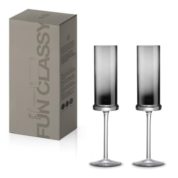 Dūmakaini pelēkas šampanieša glāzes 190 ml komplektā 2 gab. no stikla ar elegantu dizainu un augstu kājiņu