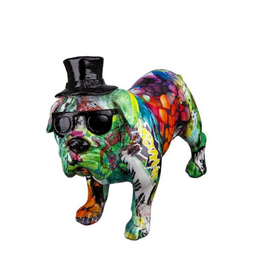 STREET ART FIGŪRA - GRAFFITI BULDOGS AR BRILLĒM UN CILINDRU 9X12X17CM, KRĀSAINA, POLIREZĪNS