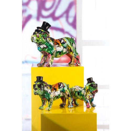 STREET ART FIGŪRA - GRAFFITI BULDOGS AR BRILLĒM UN CILINDRU 9X12X17CM, KRĀSAINA, POLIREZĪNS