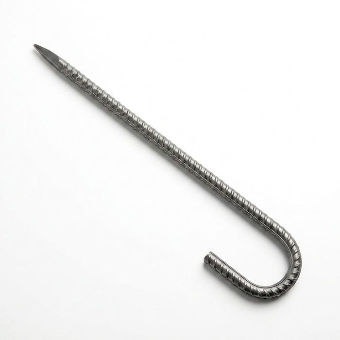 A single metallic J-shaped hook with a ribbed rebar texture, shown on a plain white background.